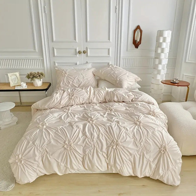 Elegant Ruffle Flower Quilt Cover Set | Cotton Polyester Blend | Pinch Pleated Design | Includes Quilt Cover and Pillowcases | Zipper Closure with Corner Ties | Machine Washable | Available in White, Black, Beige
