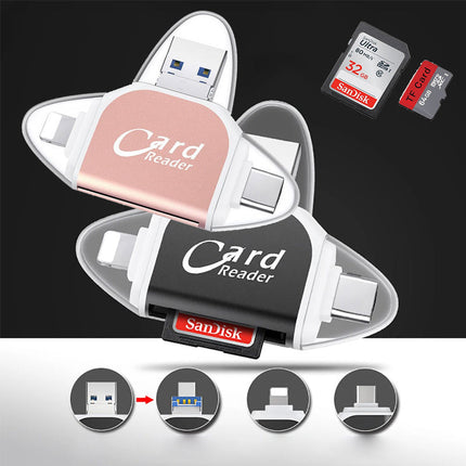 4-in-1 Universal Memory Card Reader | USB/USB C/Micro USB/Lightning Ports | SD TF Card Compatibility | Supports Up to 400GB | Compact Design with Keychain