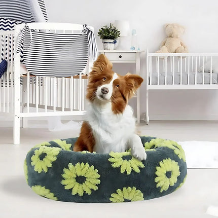 Plush Cozy Round Bed | Calming Donut Design | Anti-Slip Base | Sherpa Fabric | Ideal for Small Dogs & Cats | Supports Head & Neck | Washable Cover | 20"x20" | Perfect Pet Retreat | Up to 15 lbs