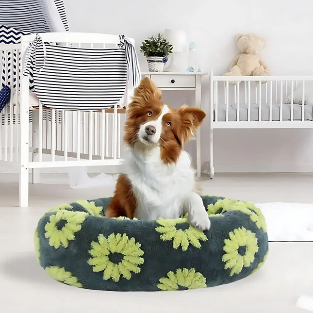 Plush Cozy Round Bed | Calming Donut Design | Anti-Slip Base | Sherpa Fabric | Ideal for Small Dogs & Cats | Supports Head & Neck | Washable Cover | 20"x20" | Perfect Pet Retreat | Up to 15 lbs