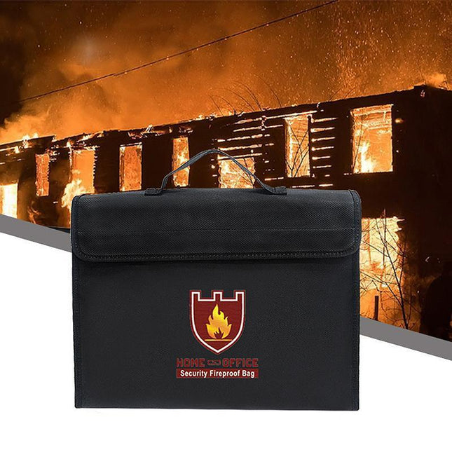 Fire-Resistant Document Folder | Silicone Coated Fiberglass | Double-Layered Closure | 15-Inch Opening | Water-Repellent | Adjustable Strap | Black | 38x28x7.5cm | Protects Up to 2000°F