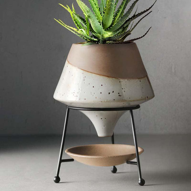 Glazed Terracotta Teardrop Planter with Metal Stand | Indoor Pot with Saucer | 12" H, 9" Diameter | Modern Drainage Hole Design