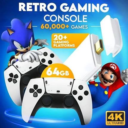 Retro Gaming Console | 60,000 Classic Games | Plug & Play | Two Wireless Controllers | Supports Up to 4 Players | Connects to TV, Projector, or PC