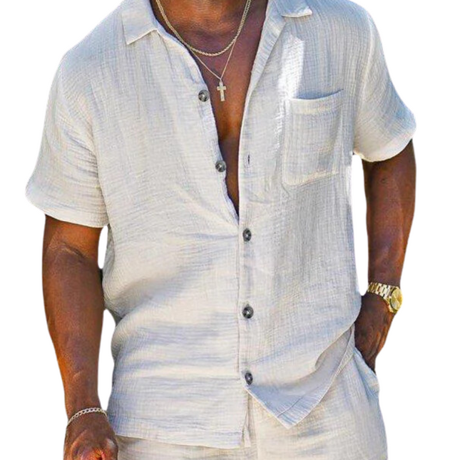 Men's Button-Up Shirt & Trousers Set | Relaxed Fit | Cool Comfort Fabric | Neutral & Earthy Tones | Effortless Summer Style | Men's Casual or Beachwear | Sizes 3XS-XL
