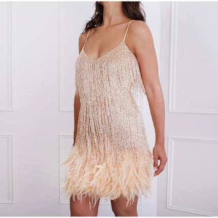 Flamenco Party Dress | Sequined Cocktail Dress with Spaghetti Straps | Feathers at Hem | Nine Colors | 1920s Glamour | Unique Event Fashion