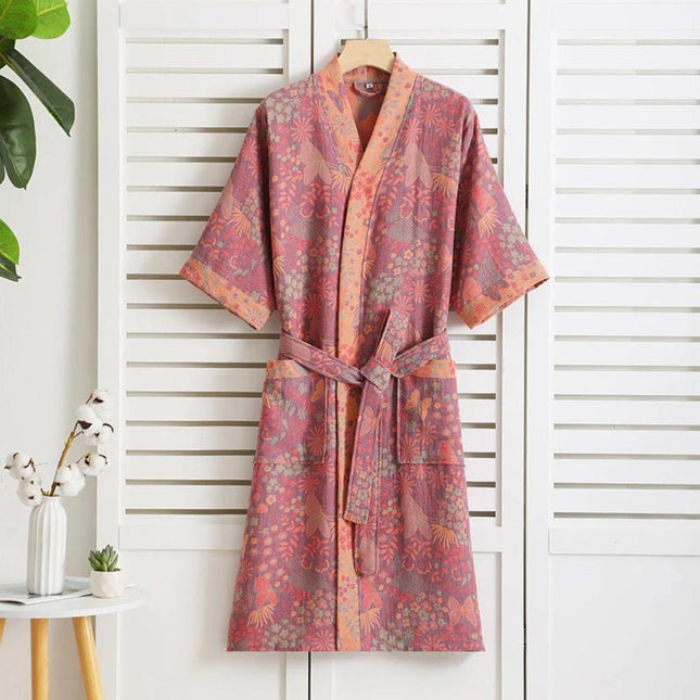 Pure Cotton Retro Print Bathrobe | Double Gauze Layer | Breathable & Stylish | Soft Lightweight Summer Wear