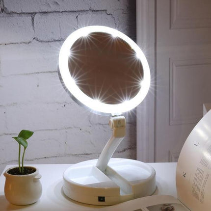 LED Folding Travel Vanity Mirror | 10X Magnification with 1X Full-Face Reflection | Portable Makeup Mirror with Corded/Cordless Operation | Adjustable Tilt and Height | Double-Sided LED Light | White