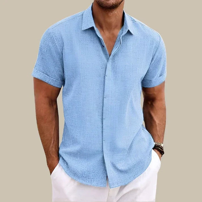 Men's Short-Sleeved Polyester Blend Shirt | Casual Button-Up | Classic Collar | Relaxed Fit | Available in Blue, White, Pink, Grey, Light Grey, Black | Sizes S-3XL | Perfect for Warm-Weather Events