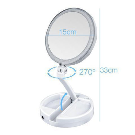 LED Folding Travel Vanity Mirror | 10X Magnification with 1X Full-Face Reflection | Portable Makeup Mirror with Corded/Cordless Operation | Adjustable Tilt and Height | Double-Sided LED Light | White