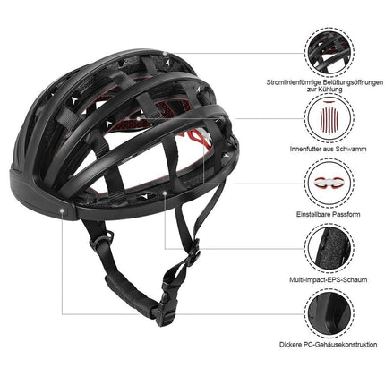 Foldable Cycling Helmet | Compact Design | EPS Lining | ABS Shell | 30 Ventilation Openings | Adjustable Fit | High Performance Padding | Adult Size 22-24 Inches | Black, White | Lightweight 225g