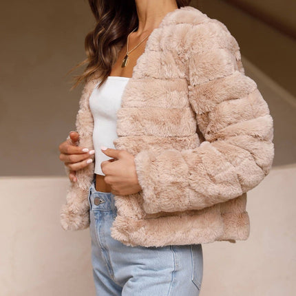 Luxe Women's Soft Faux Fur Crop Jacket | Veloura | Chic Cropped Design | Line Patterns | Metal Claw Clasp | Warm & Stylish | Versatile Outerwear | 100% Polyester | Available in XS - XL
