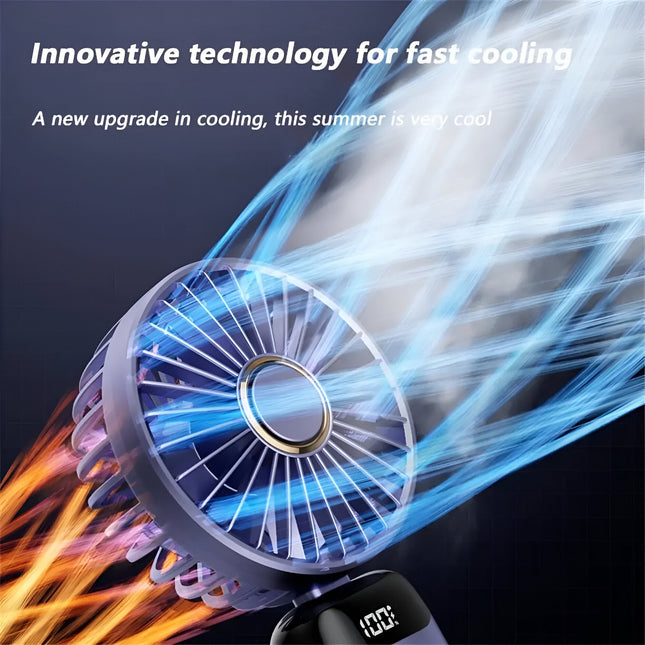 Rechargeable Handheld Fan | 5-Speed Mini Cooling Device | 90° Adjustable Head | Dual 5000mAh Battery | LED Display | Low Noise | Portable Pocket Size | Type-C Fast Charging | Stylish Design | Multi-use