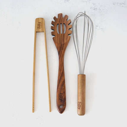 3 Piece Wooden Cooking Utensil Set | Includes Bamboo Tongs, Teak Pasta Scoop, Acacia Whisk | Durable & Non-Reactive for Safe Cooking | Ideal for Professional Chefs & Home Cooks