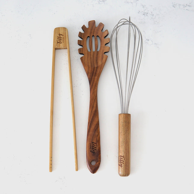 3 Piece Wooden Cooking Utensil Set | Includes Bamboo Tongs, Teak Pasta Scoop, Acacia Whisk | Durable & Non-Reactive for Safe Cooking | Ideal for Professional Chefs & Home Cooks