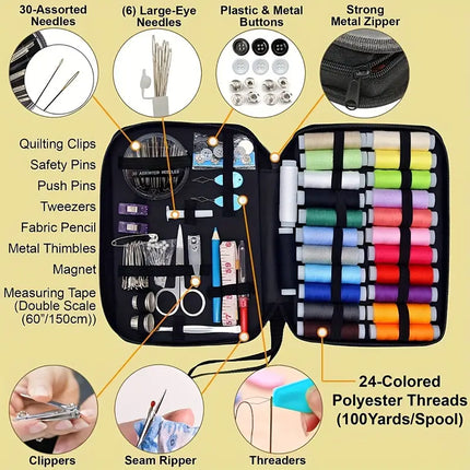 Sewing Kit | Mixed Colors | Comprehensive 98-Piece Set | Compact Case | Threads | Needles | Seam Ripper | Scissors | Travel-Friendly | Ideal for Home and Travel Repairs | Quality Tools for Quick Fixes