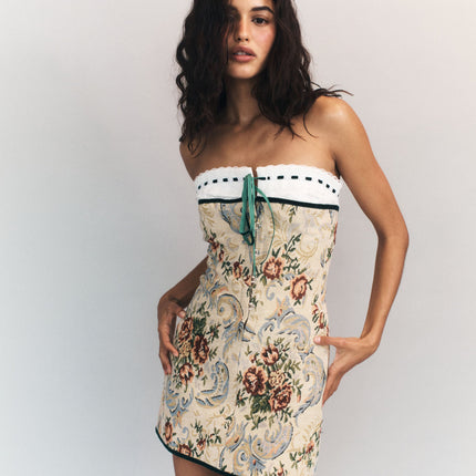 Sabrin Strapless Corset Dress | Hook & Eye Front | Lace Detail Bust | Ribbon Lace-Up Back