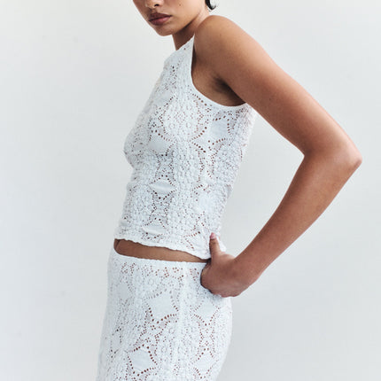 Maeve Slim Fit Long Line Top | Custom Embroidery Detailing | White