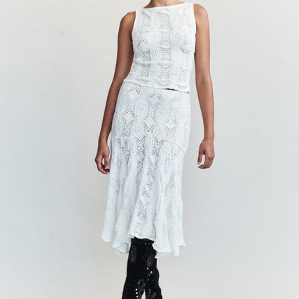 Maeve Midi Skirt | Low Rise | Custom Embroidery | White | Hip Length