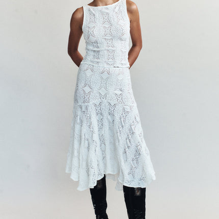 Maeve Midi Skirt | Low Rise | Custom Embroidery | White | Hip Length