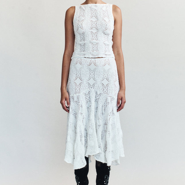 Maeve Midi Skirt | Low Rise | Custom Embroidery | White | Hip Length