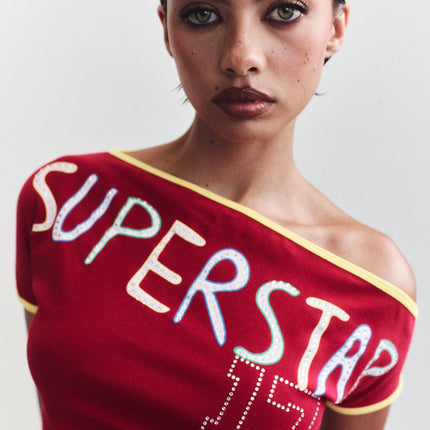Superstar Seven Off-the-Shoulder Tee | Red | Studded Graphic | Straight Neckline