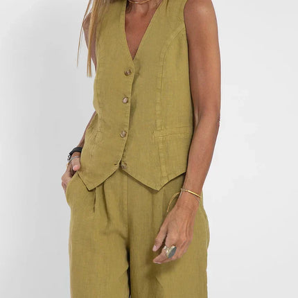 Solid Two-Piece Women's Set | Sleeveless V-Neck Gilet & Pants | Versatile Summer Outfit | Neutral Colors | S-2XL | Timeless Design