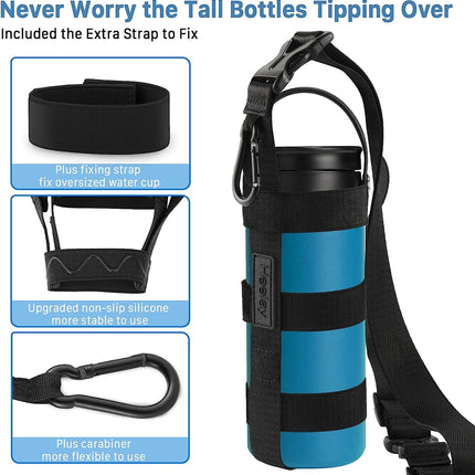 Universal Water Bottle Carrier Strap | Adjustable Shoulder Strap | Compatible with 12-64 Oz Bottles | Polyester & Rubber | Fits Wide & Standard Bottles | Three Carry Options | Hiking & Outdoor Use