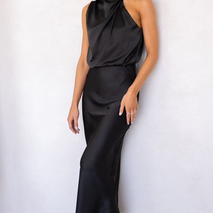 Esther Black Dress | Elegant Maxi | High Neck | Asymmetrical Shoulder | Elastic Waist | Polyester | Wedding Festive Fashion | Invisible Zipper & Button Closure | Versatile Evening Wear
