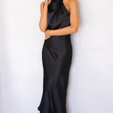 Esther Black Dress | Elegant Maxi | High Neck | Asymmetrical Shoulder | Elastic Waist | Polyester | Wedding Festive Fashion | Invisible Zipper & Button Closure | Versatile Evening Wear