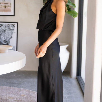Esther Black Dress | Elegant Maxi | High Neck | Asymmetrical Shoulder | Elastic Waist | Polyester | Wedding Festive Fashion | Invisible Zipper & Button Closure | Versatile Evening Wear