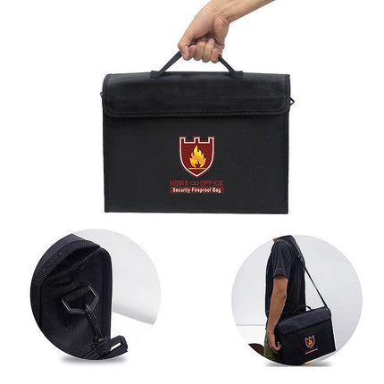 Fire-Resistant Document Folder | Silicone Coated Fiberglass | Double-Layered Closure | 15-Inch Opening | Water-Repellent | Adjustable Strap | Black | 38x28x7.5cm | Protects Up to 2000°F