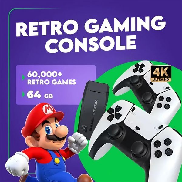 Retro Gaming Console | 60,000 Classic Games | Plug & Play | Two Wireless Controllers | Supports Up to 4 Players | Connects to TV, Projector, or PC