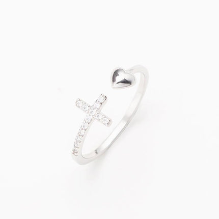 Unique Design S925 Sterling Silver Cross Heart Ring | Adjustable | Nickel and Lead-Free | White Gold Plated | Versatile Jewelry Gift for Loved Ones