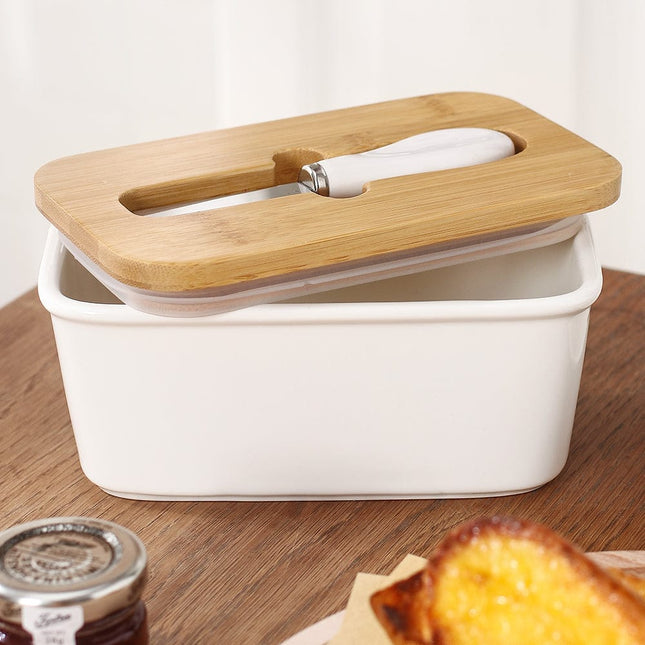 Ceramic Butter Dish | Wooden Lid with Silicone Seal | Includes Spreading Knife | Elegant | Airtight | Fresh Butter Storage | 600ml Capacity | 7.6 x 16.8 x 9.8 cm