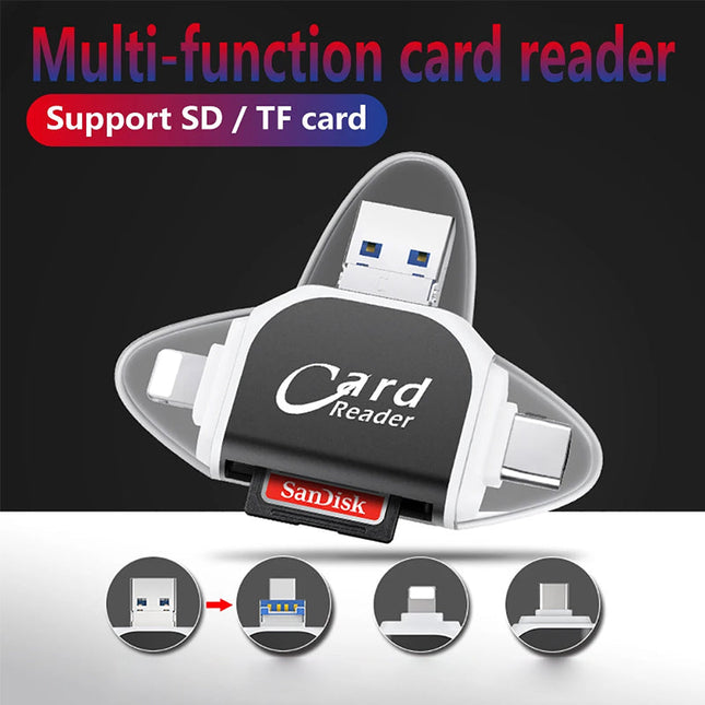 4-in-1 Universal Memory Card Reader | USB/USB C/Micro USB/Lightning Ports | SD TF Card Compatibility | Supports Up to 400GB | Compact Design with Keychain