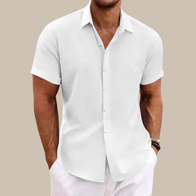 Men's Short-Sleeved Polyester Blend Shirt | Casual Button-Up | Classic Collar | Relaxed Fit | Available in Blue, White, Pink, Grey, Light Grey, Black | Sizes S-3XL | Perfect for Warm-Weather Events