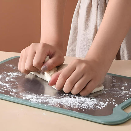 Dual-Side Stainless Steel Cutting Board | Eco-Friendly Rice Husk | Built-In Garlic Grinder | Scratch & Odor Resistant | Juice Groove | Kitchen Essential | Easy-Clean Surface | Safe Food Prep