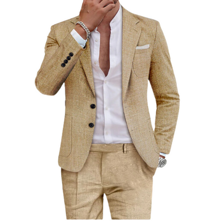 Men's Polyester Blend Suit | Two-Piece | Notched Lapel Blazer | Flap Pockets | Neutral Tones | Sizes S-3XL | Formal Business Wear | Summer Events