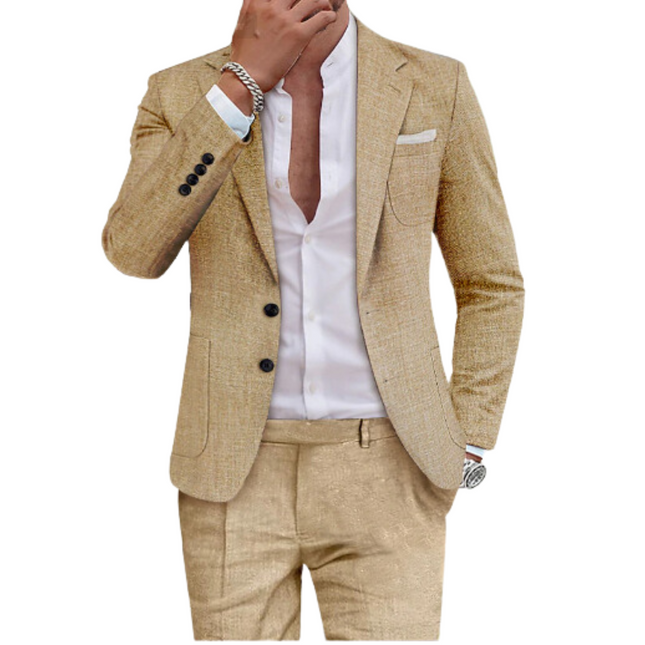 Men's Polyester Blend Suit | Two-Piece | Notched Lapel Blazer | Flap Pockets | Neutral Tones | Sizes S-3XL | Formal Business Wear | Summer Events