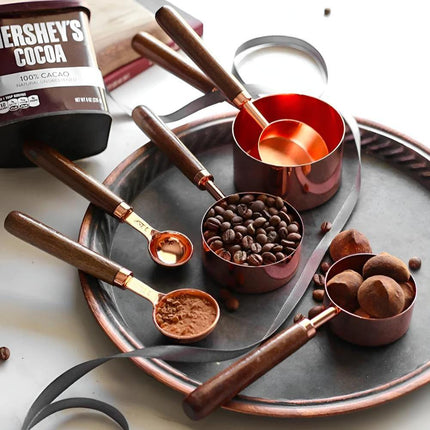 Copper-Plated Stainless Steel Measuring Cups and Spoons Set | Walnut Handle | Engraved Markings | Non-Slip Grip | Perfect for Baking and Cooking | Set of 8 | Ideal as Gift for Kitchen Enthusiasts