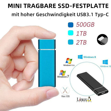 Ultra Rapid External SSD | 520 MB/s | 1TB/2TB | USB 3.1 Type-C | Shockproof Aluminum | Compact Design | Multi-OS Compatibility | Silver/Black/Blue/Red