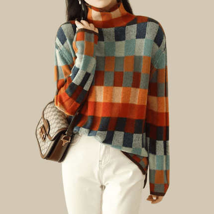 Women's Luxurious Mongolian Cashmere Turtleneck Sweater | Patchwork Design | Ultra-Soft | High Neck | Classic Fit | Vibrant Mélange Details | Cozy Warmth | Hand Wash | Perfect Winter Layer
