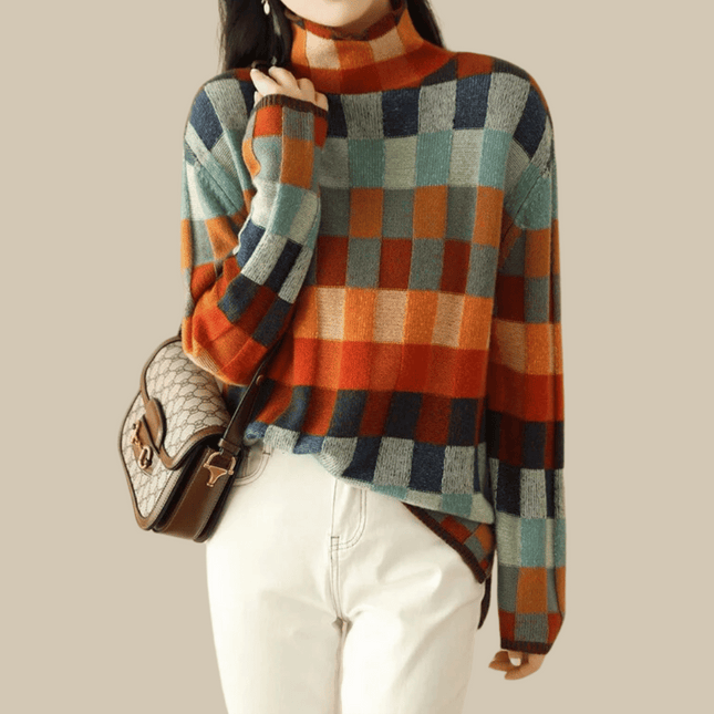 Women's Luxurious Mongolian Cashmere Turtleneck Sweater | Patchwork Design | Ultra-Soft | High Neck | Classic Fit | Vibrant Mélange Details | Cozy Warmth | Hand Wash | Perfect Winter Layer