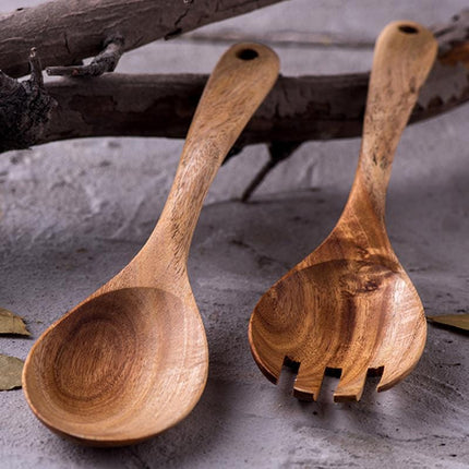 Natural Acacia Wood | Handcrafted Salad Spoon & Fork Set | Scratch & Water Resistant | 26cm Serving Utensils | Lightweight & Antibacterial | Perfect for Kitchen, Dining & Housewarming Gifts