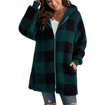 HAZEL | Women's Hooded Winter Jacket | Bold Patchwork Design | Zip-Up Front | Large Hood | Cozy Relaxed Fit | Plaid or Striped Pattern | Side Pockets | Warm Outerwear