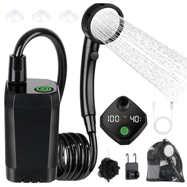 Portable Electric Shower | Outdoor Adventures | 6000mAh Battery | Type C Charging | LED Display | Low Noise | Adjustable Shower Modes | Water Purification | Lightweight & Compact | Includes Suction Cups & Storage Bag