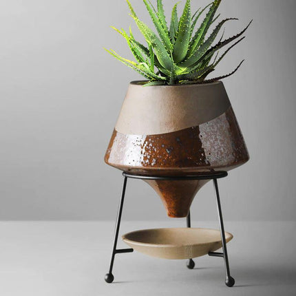 Glazed Terracotta Teardrop Planter with Metal Stand | Indoor Pot with Saucer | 12" H, 9" Diameter | Modern Drainage Hole Design
