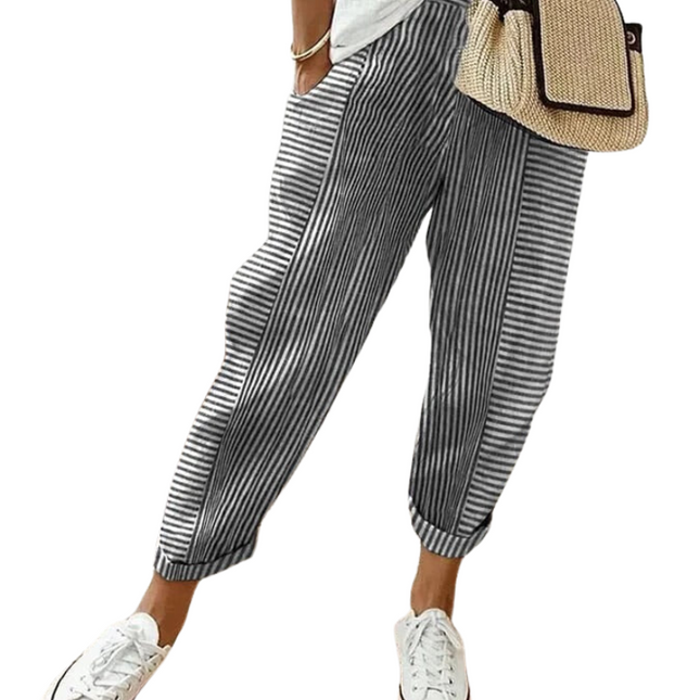 Striped Women's Trousers | High Waist Adjustable Drawstring | Contemporary Look | Functional Side Pockets | Classic Fit for Various Body Types | Size Chart Available
