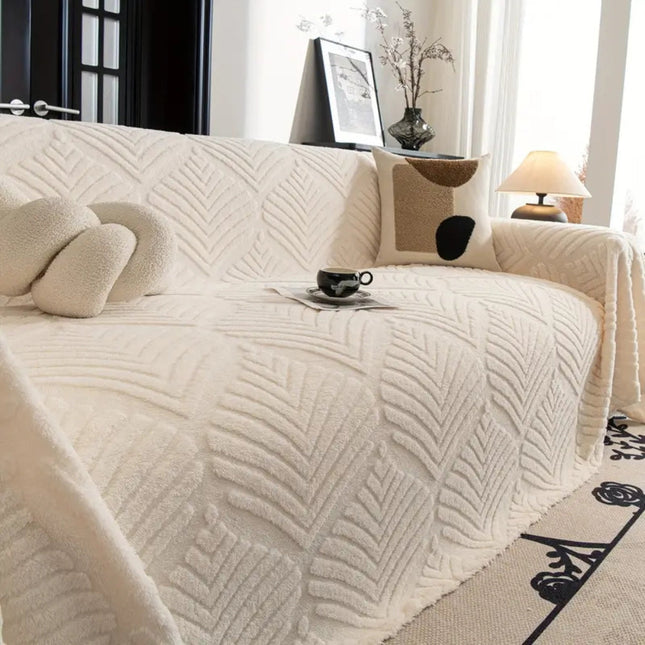 Elegant Herringbone Leaf Fleece Sofa Protector | Plush Cotton-Polyester Blend | Non-Slip, Machine Washable | Fits 2-4 Seat Sofas | Pet-Friendly Sofa Cover
