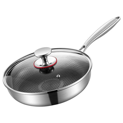 Stainless Steel Titan Pan | Food-Grade 304 | Three-Layer Design | Non-Stick Surface | Ergonomic Stay-Cool Handle | Brushed Finish | Compatible with All Stovetops | Dishwasher Safe | Tempered Glass Lid Included